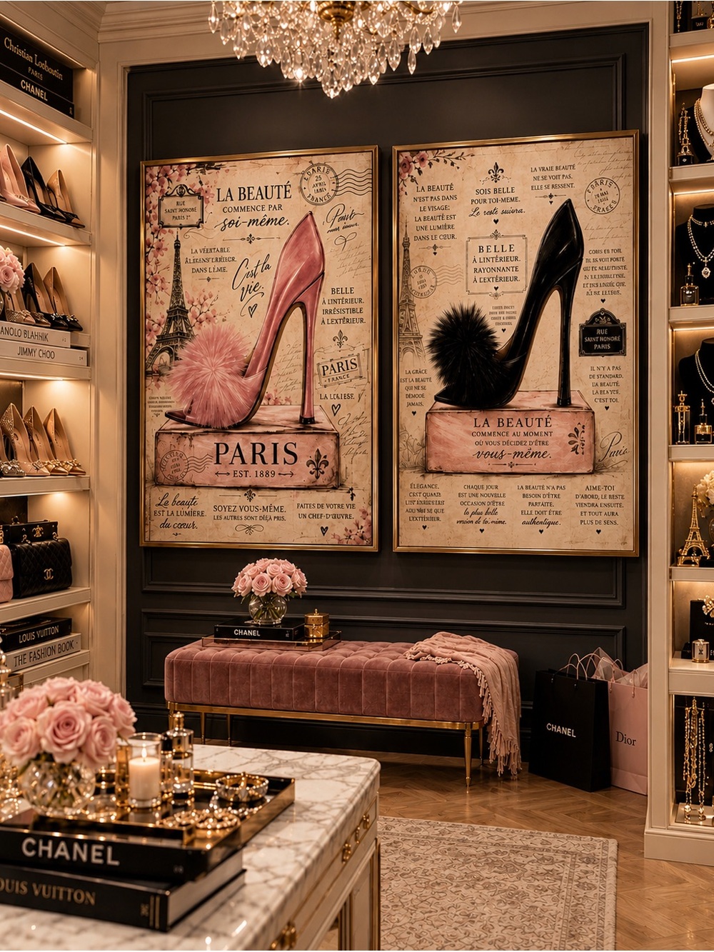 👠 Paris Stiletto Wall Art Set of 2 French Fashion Black Pink Heel Prints 8x10